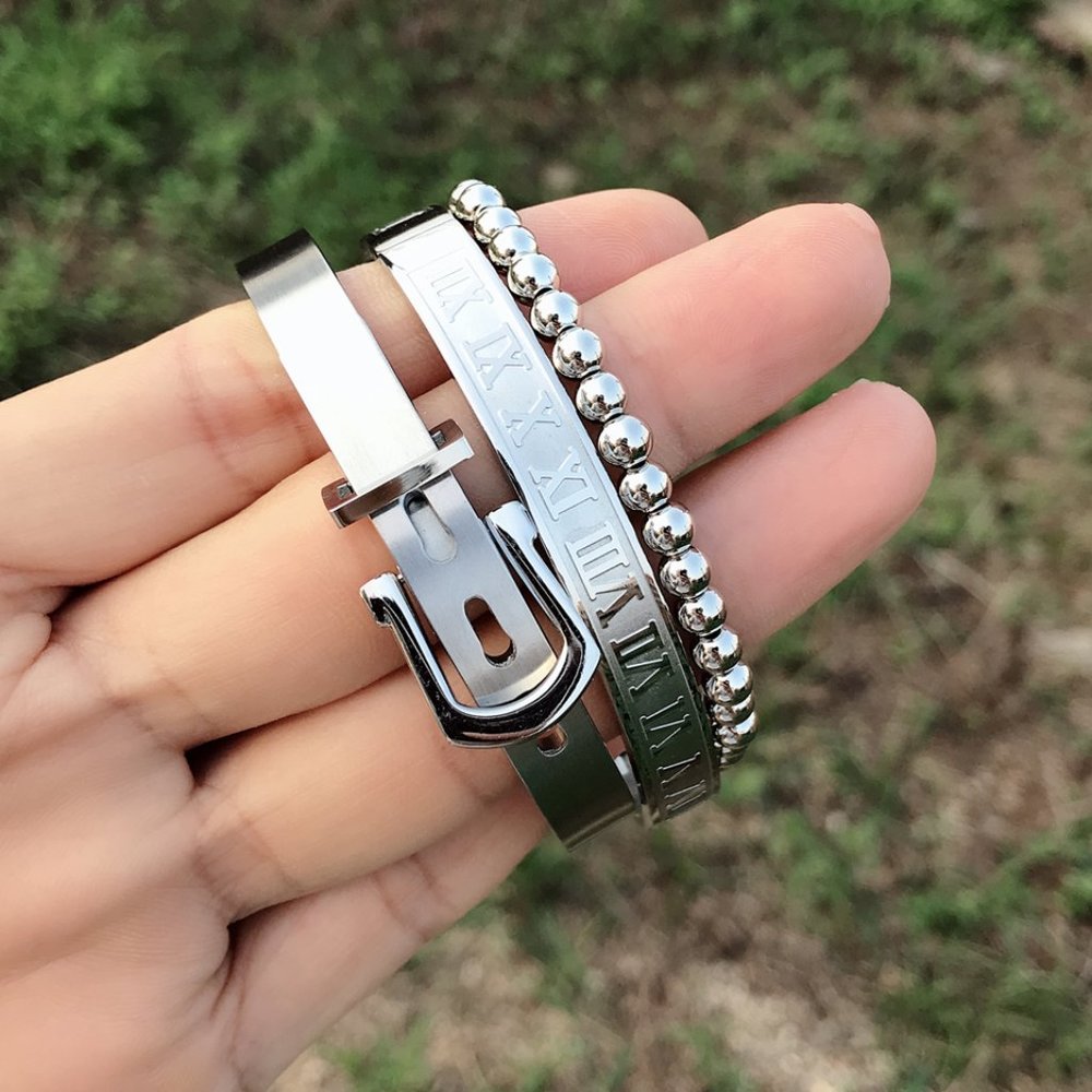 3 Piece Royal Roman Bracelets Bangles Adjustable Silver Buckle